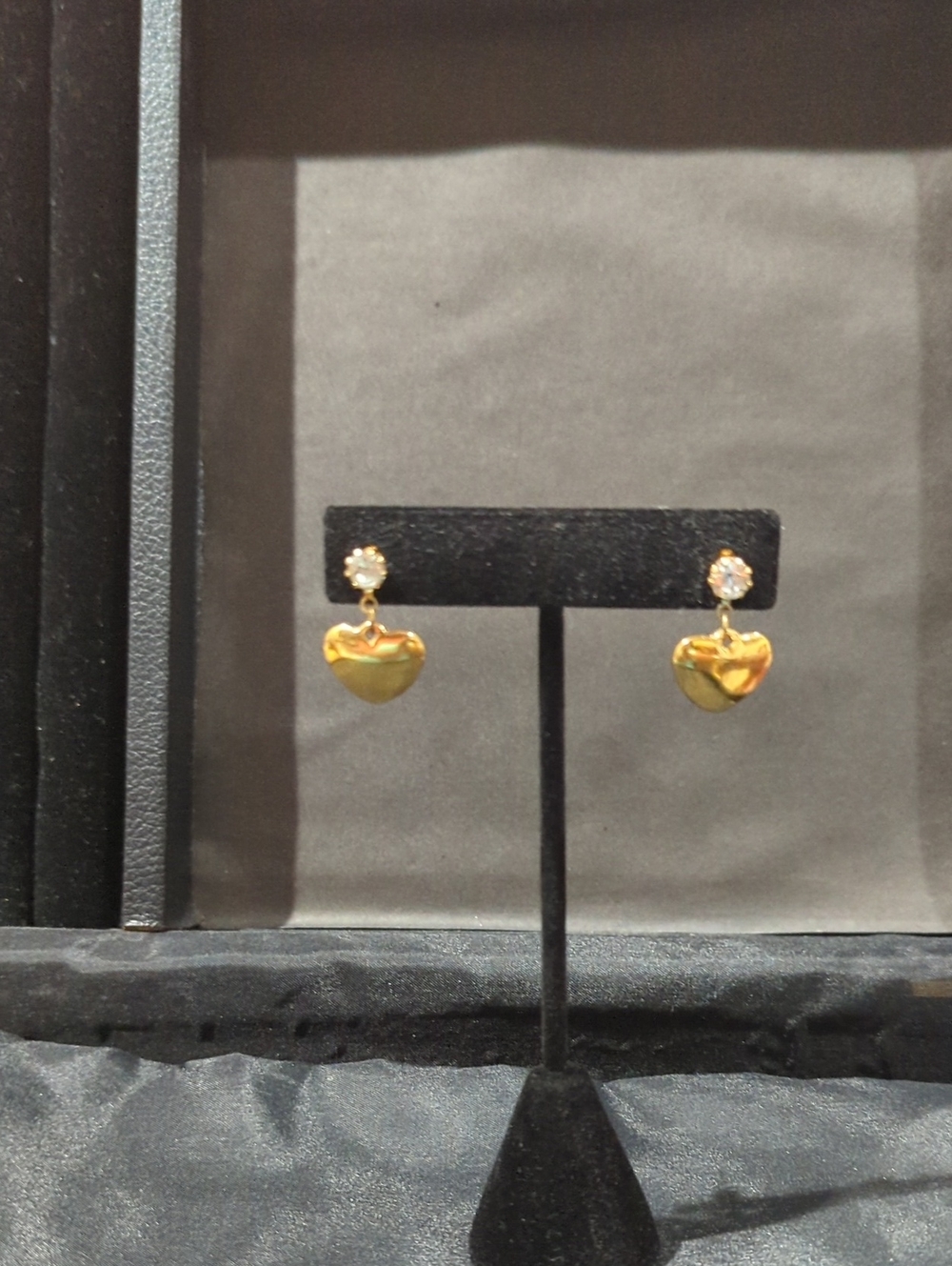 Gold Heart Drop Earrings with Crystal Studs